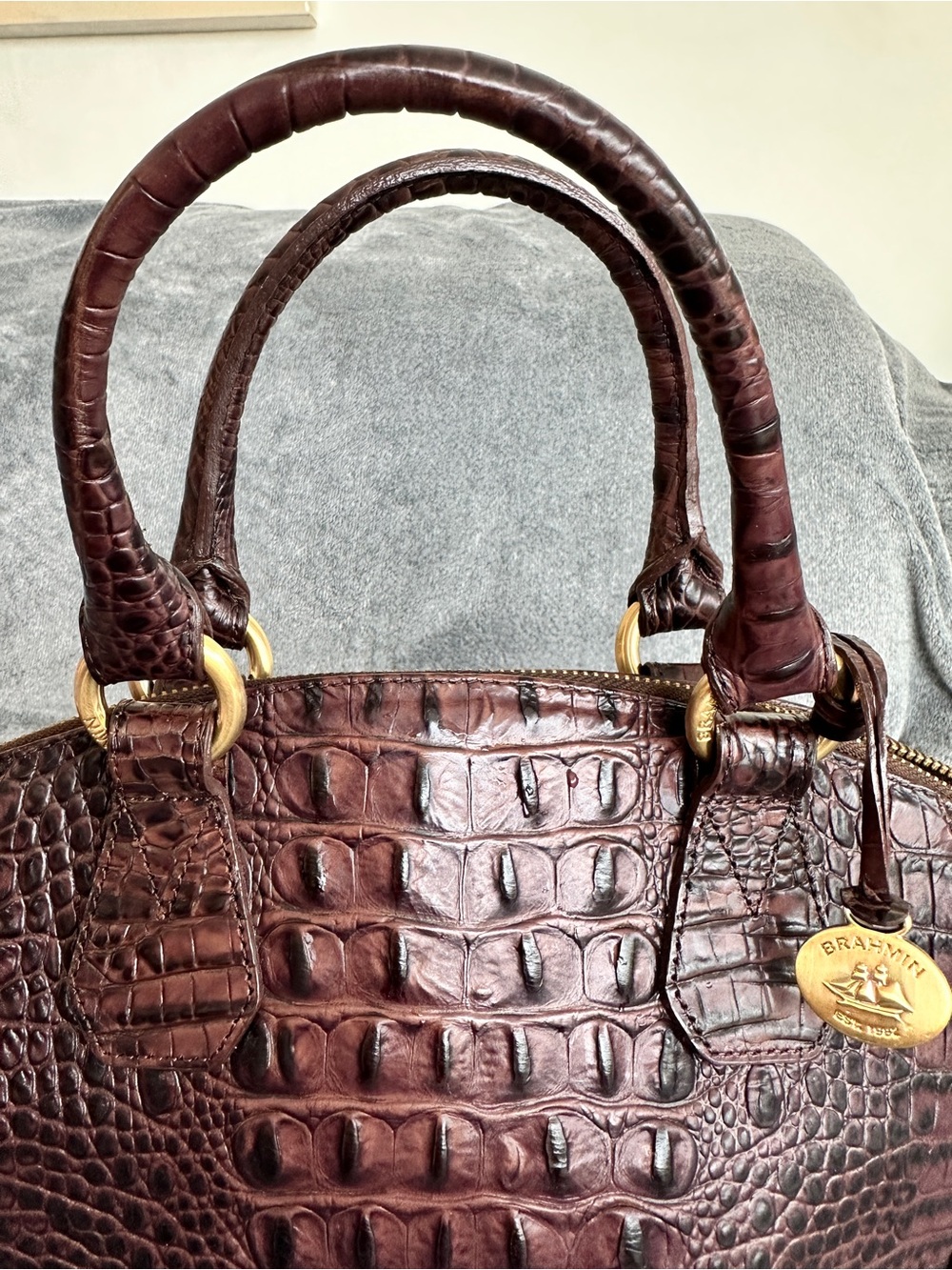 Brahmin Brown Croc Embossed Leather Shoulder Bag Tote Satchel Handbag - Picture 4 of 9